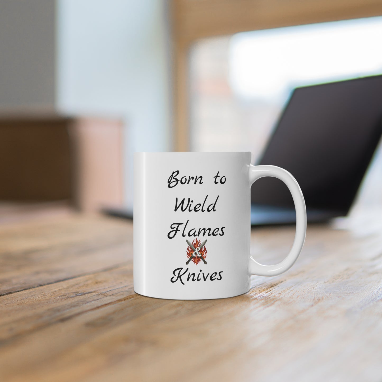 "Forced to work a 9 to 5, Born to wield flames & knives" Ceramic Coffee Mug, 11oz